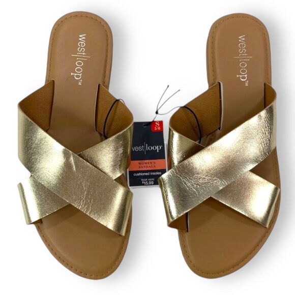 WOMEN'S SMALL (5/6) Metallic Gold Casual Flat Crossover Slide Sandals Cushioned - Picture 2 of 14
